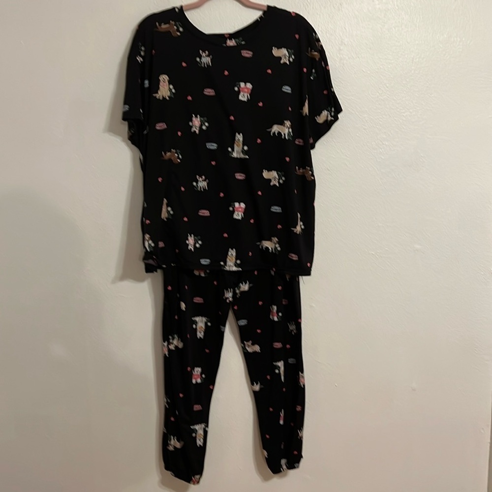 VTG Joyspun Size 2X Short Sleeve Black With All over Dogs Print PJ  Set